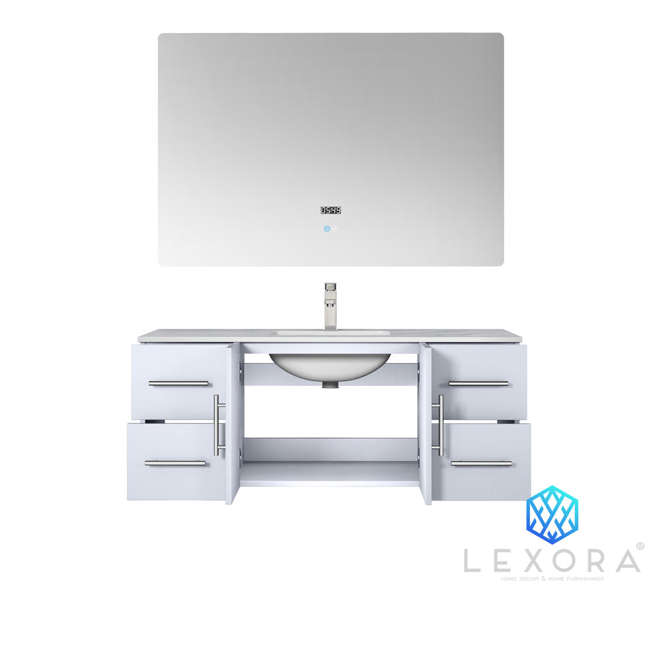 Geneva 48" Glossy White Single Vanity, White Carrara Marble Top, White Square Sink and 48" LED Mirror with Faucet