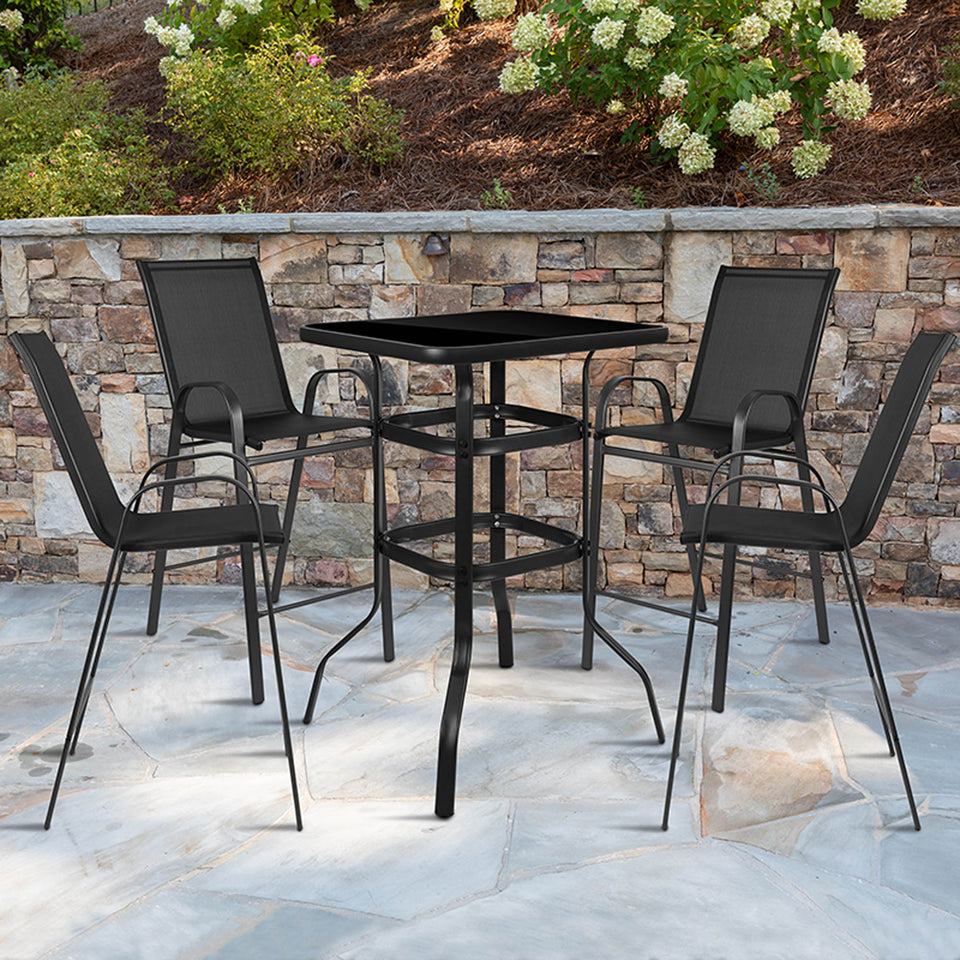 Flash Furniture 5 Piece Modern Clear Tempered Glass Top Patio Bar Table Set with 4 Stack Stools