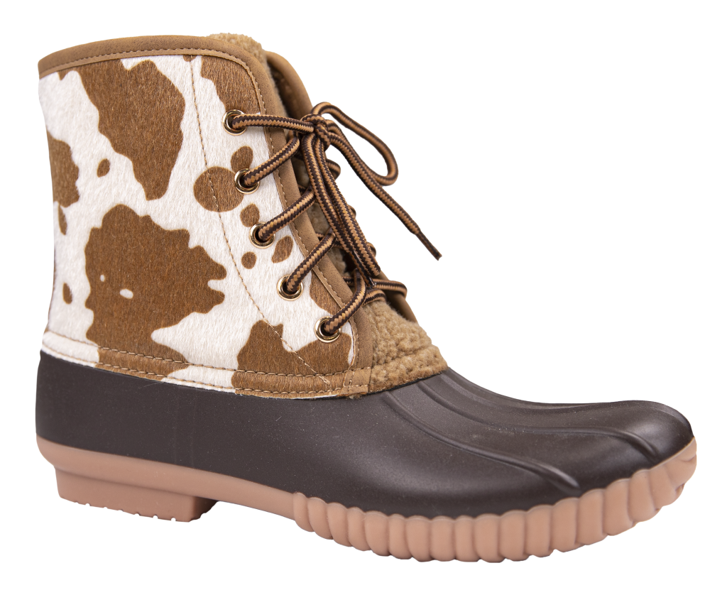 Simply Outdoors Lace Up Duck Boots in cow print – Taylor's Boutique and ...