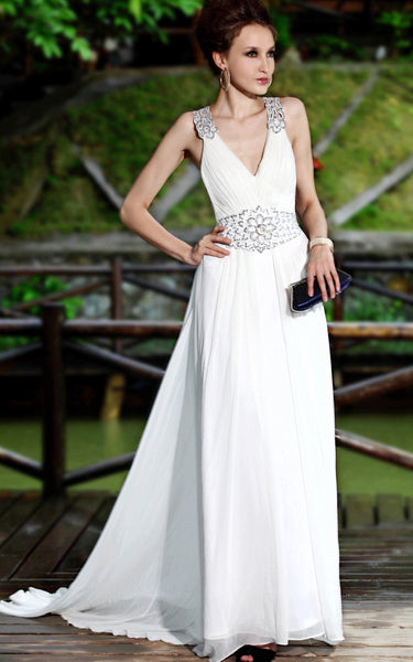 Ivory V Neck Wedding Dress With Crystal Embellishments (30355) - Elliot ...
