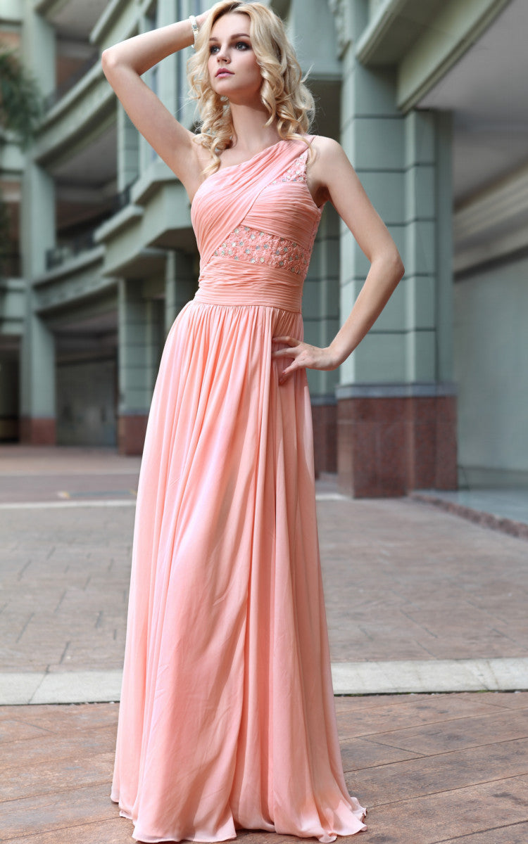 Peach Asymmetrical embellished Prom Dress (30571) - Elliot Claire London