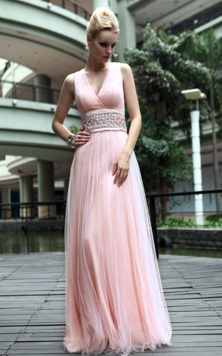 Pastel Pink Evening Dress With Jewelled Belt (30575) - Elliot Claire London