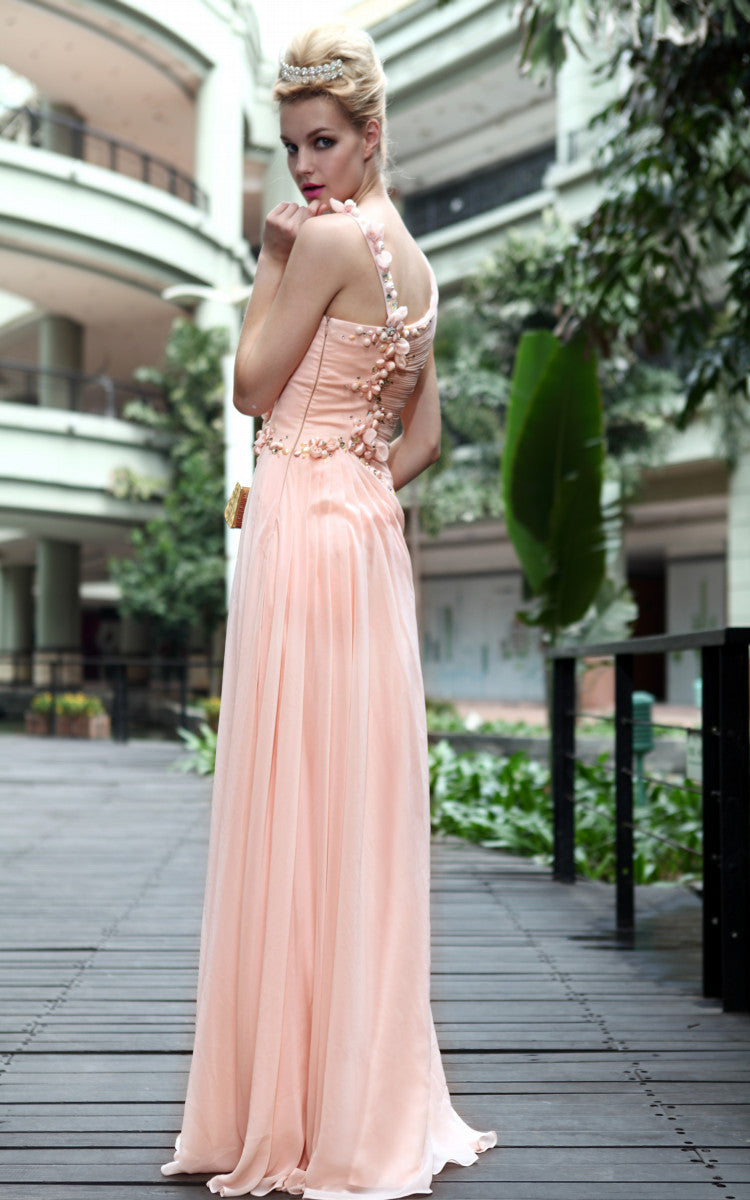 Peach Embellished Asymmetrical Evening Dress (30602) - Elliot Claire London