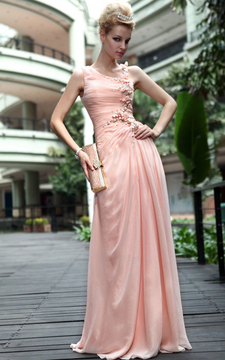 Peach Embellished Asymmetrical Evening Dress (30602) - Elliot Claire London