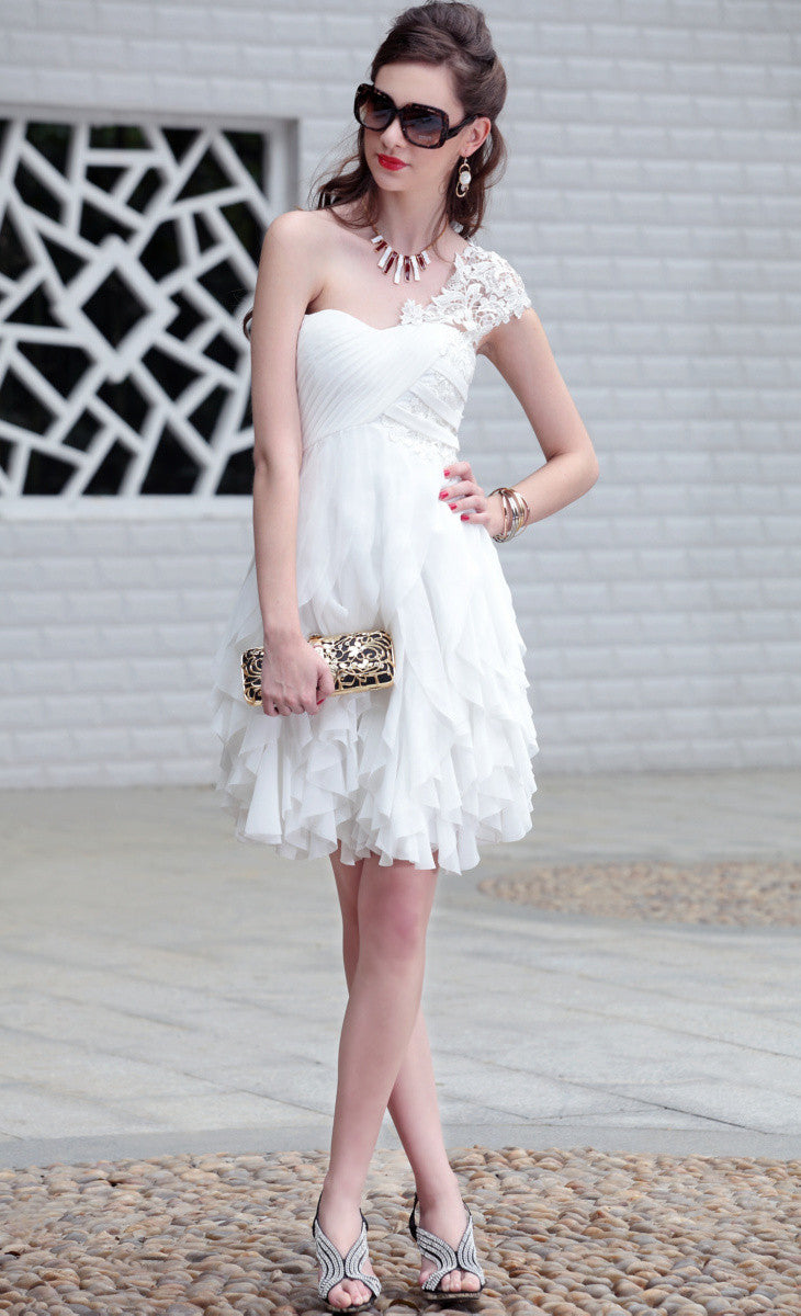 Sophia in White Lace Short Evening Dress (6023) - Elliot Claire London