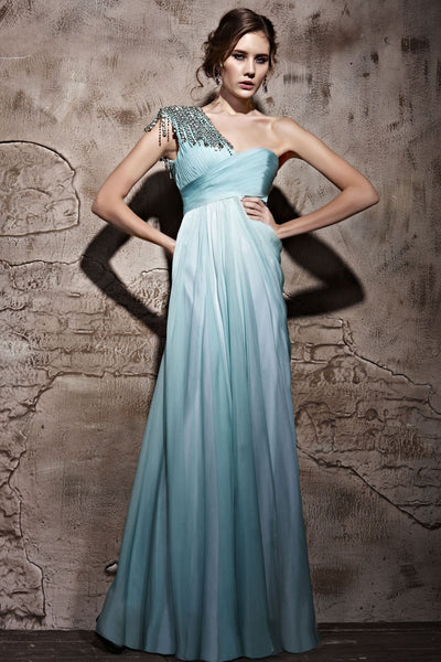 Teal Gradient One-shoulder Tassels Beads Evening Dress (81066) - Elliot ...