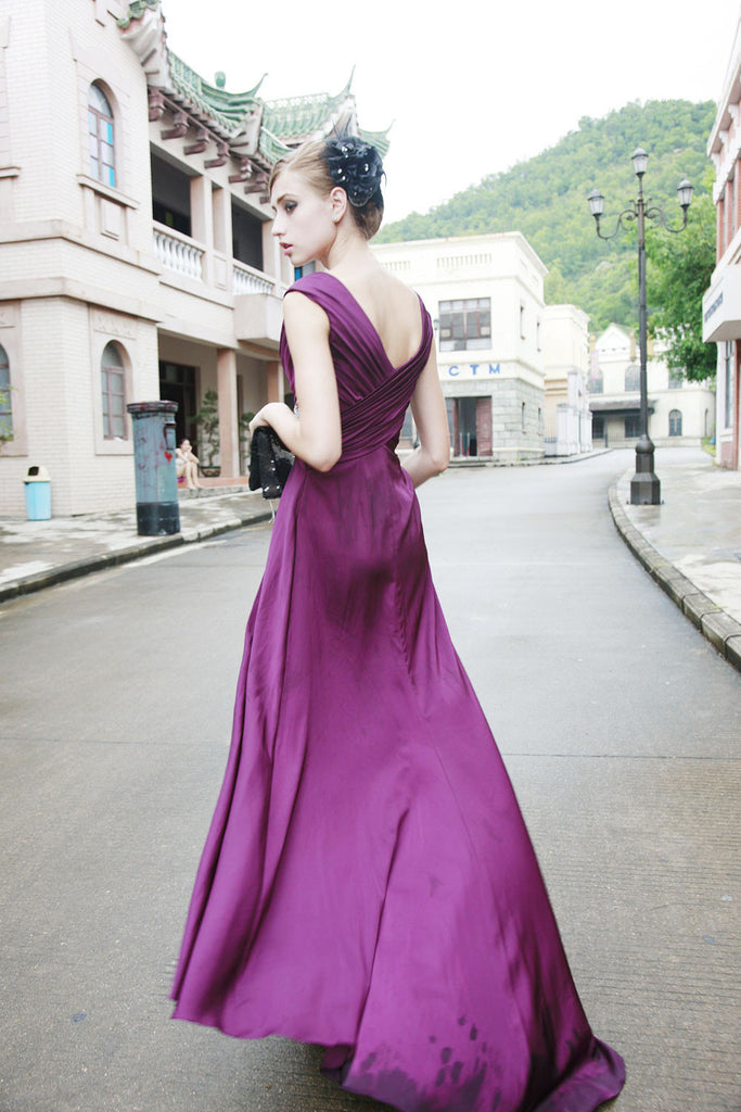 Purple Pleated V Neck Evening Dress with Jeweled Belt (80512) - Elliot ...
