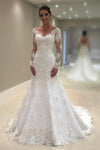 2019 Mermaid/Trumpet Wedding Dresses V Neck Long Sleeves Tulle With Applique And Beads