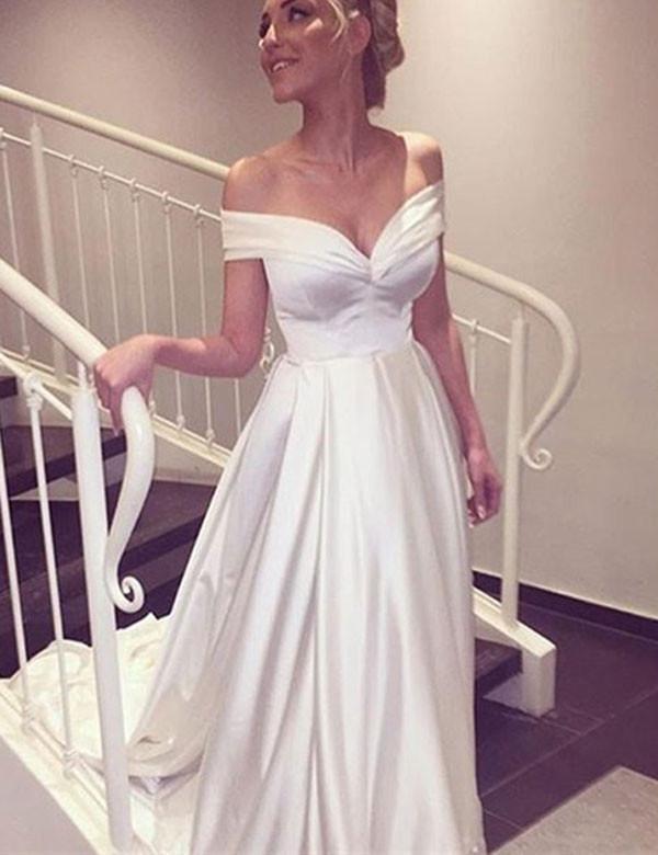 Buy Elegant V-neck Cap Sleeves A-line Satin Wedding Dress Bride Gown ...