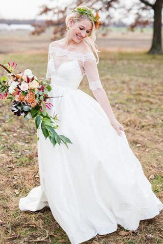 Pretty Half Sleeves Ivory Lace Ball Gown Wedding Dresses Modest
