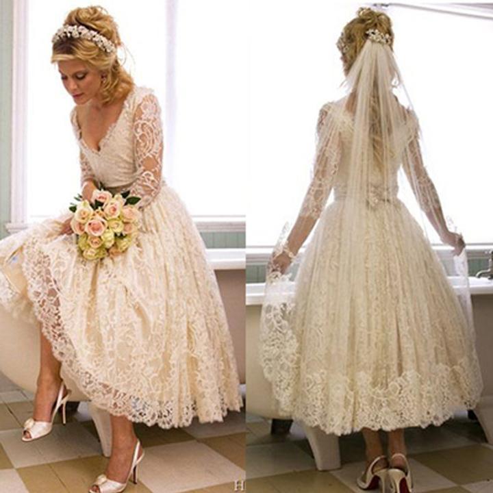 Buy Vantage A Line V Neck Long Sleeve Tea Length White Lace Princess Wedding Dresses Rs668 3550