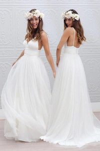 Simple V-neck Floor-Length Wedding Dress With Ruched Sash WD054