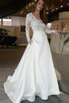Long Sleeves Ivory Lace Satin Long V-Neck Prom Dresses Party Dresses