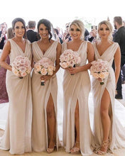 Load image into Gallery viewer, A Line Chiffon V Neck Beige Ruffles Bridesmaid Dresses Long with Slit Prom Dresses RS418