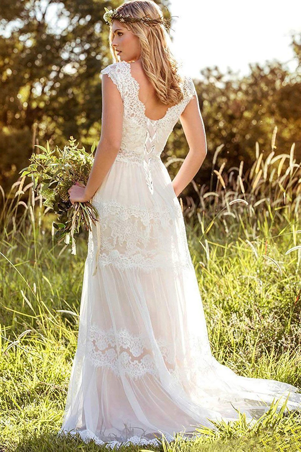 Buy A Line Lace Straps Wedding Dresses Ivory Backless Long Bridal ...