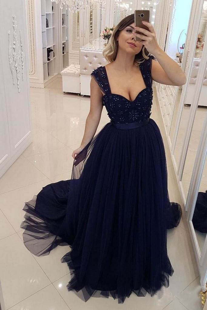 Buy A Line Navy Blue Beaded Military Prom Dresses Tulle Straps ...