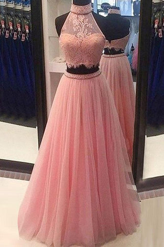 Buy Princess Halter Backless Pink Lace Prom Dresses Two Piece Floral Formal  Dress JS438 Online – jolilis