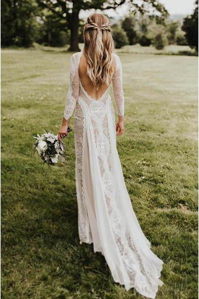 Buy A line Ivory Long Sleeve Wedding Dresses Lace High Neck Wedding ...