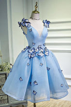 Load image into Gallery viewer, A Line Sky Blue V Neck Lace up Junior Cute Homecoming Dress with Butterfly Flowers RS781