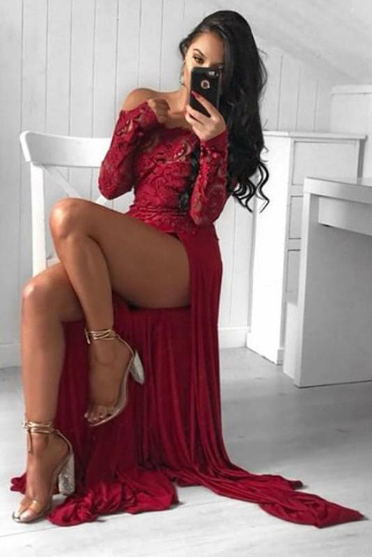 Sexy A Line Off the Shoulder Long Sleeve Dark Red Prom Dress with Lace High Split RS759 Online – rosepromdress