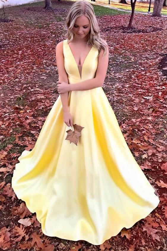 Buy Unique Yellow Satin Prom Dresses with V Neck V Back Straps Long ...