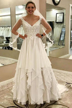 Load image into Gallery viewer, Ivory Lace Chiffon Long V-Neck Elegant Wedding Dresses Modest Wedding Gowns