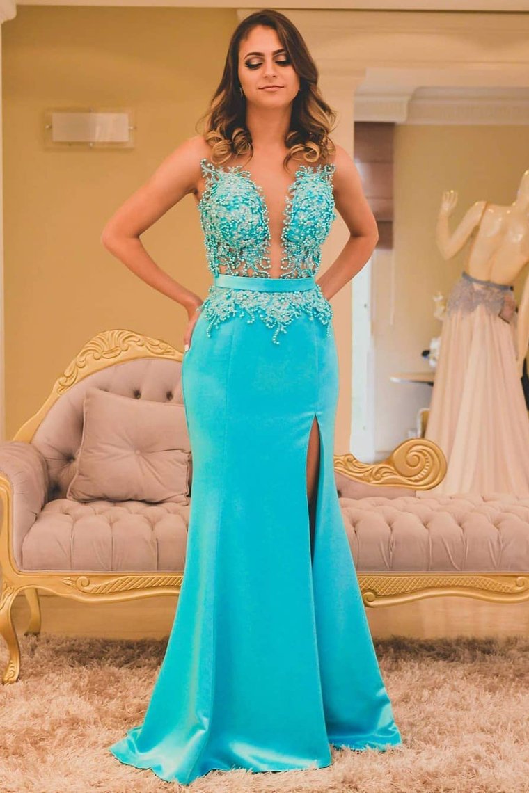 2022 Scoop Prom Dresses Satin With Slit And Beading Sweep Train