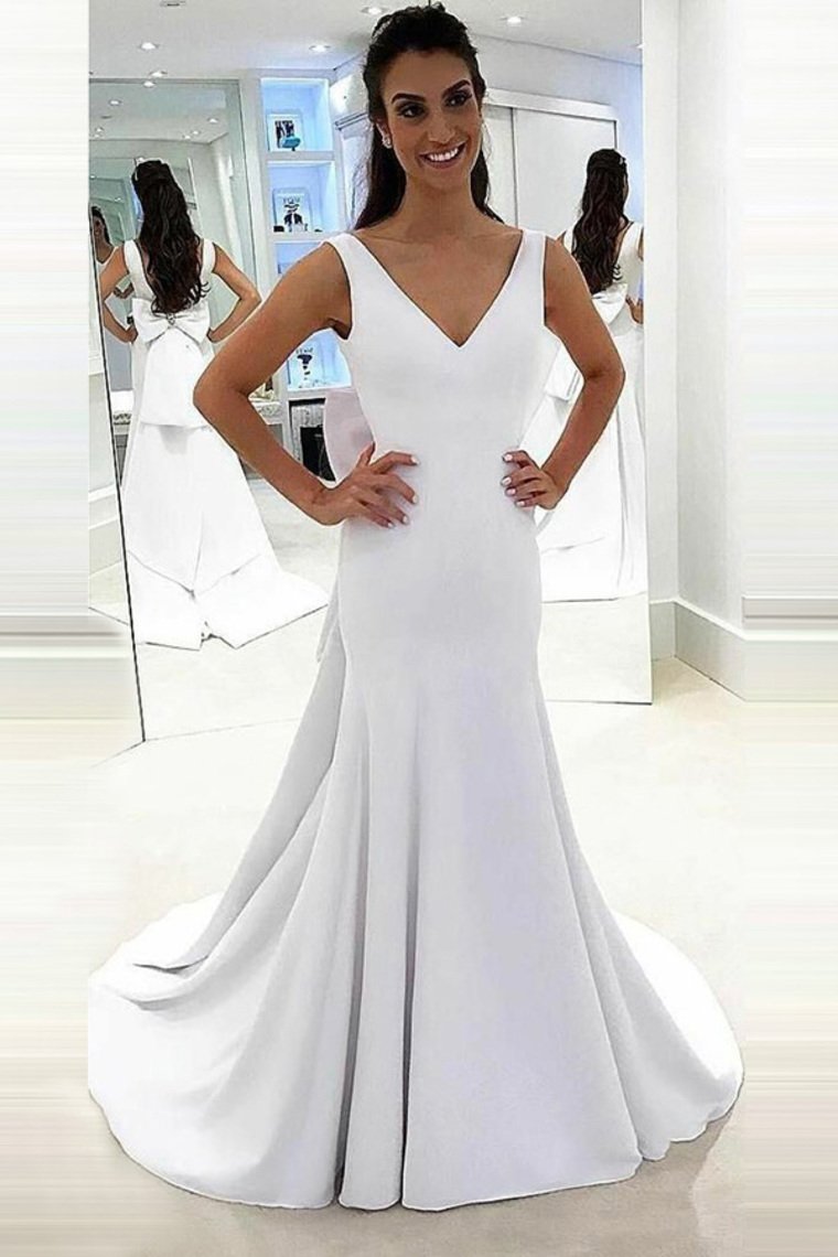 Buy Simple Open Back V-Neck Long White Wedding Dresses Bridal Dresses ...