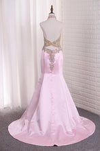 Load image into Gallery viewer, 2022 Halter Beaded Bodice Satin Prom Dresses Mermaid See-Through
