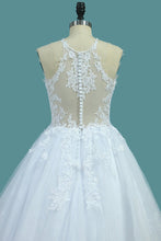 Load image into Gallery viewer, 2022 Tulle &amp; Lace Wedding Dresses Scoop A Line With Applique Sweep Train