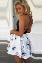 Load image into Gallery viewer, A-Line Black Spaghetti Straps White Floral Polyester V Neck Satin Homecoming Dresses RS705