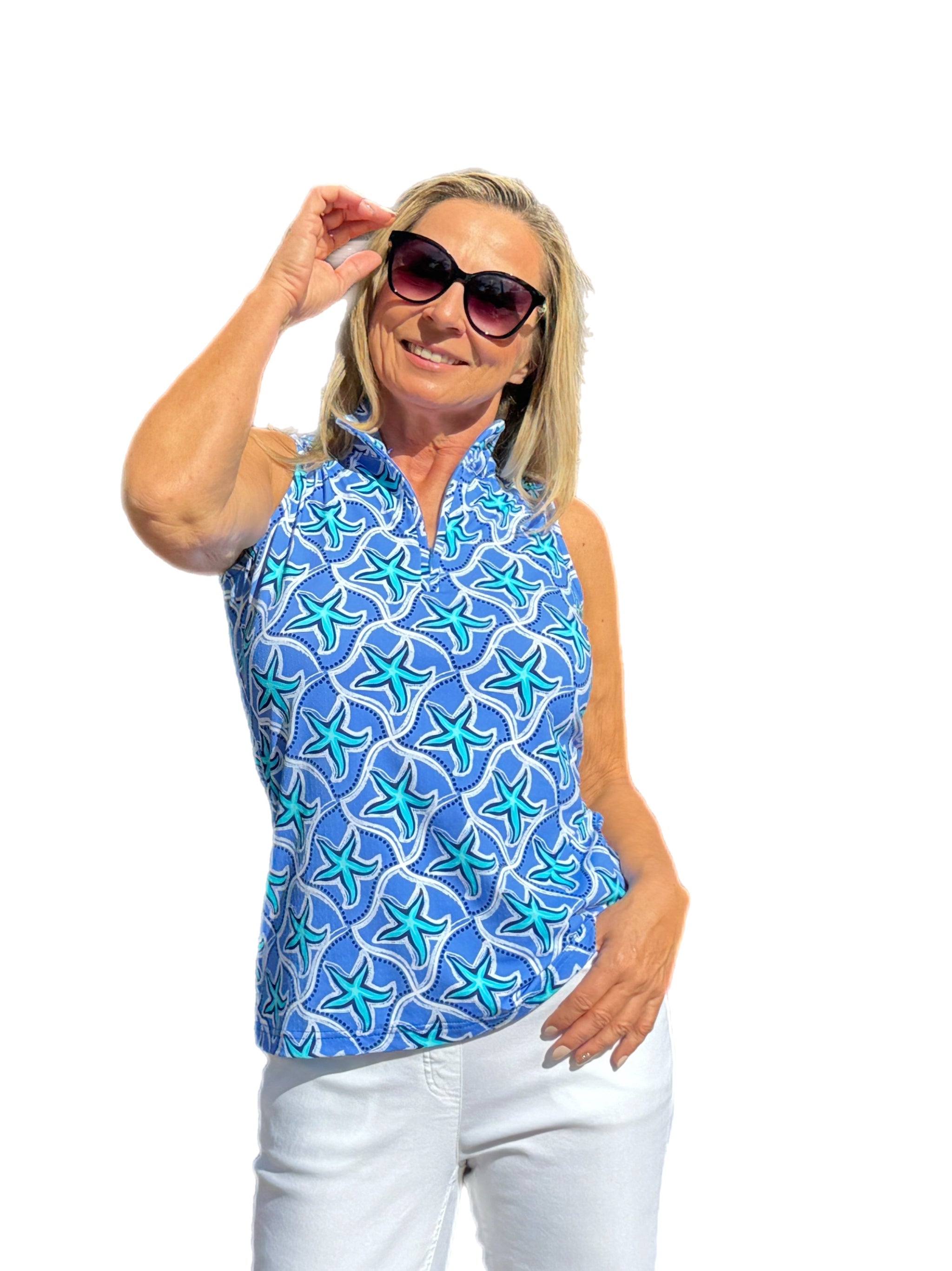 High Zip-Neck Sleeveless Top with UPF50+ Blue Starfish