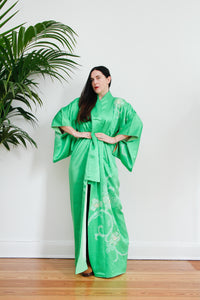 ON HOLD 1970's Green Floral Kimono Kaftan Floral Embossed Silk Maxi Jacket