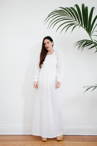 1970's Cream Cotton Floral Cheesecloth Maxi Dress