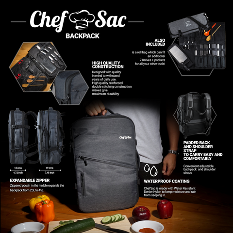 Chef Sac Chef Knife Backpack with Knife Roll Bag for Chefs and Culinary Mavericks