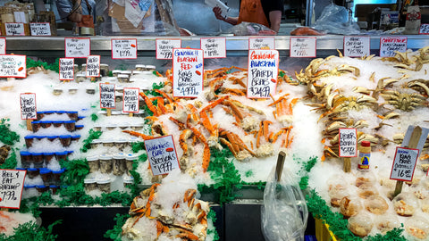 array of fresh seafood in the market