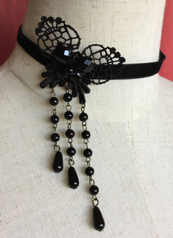 Burlesque Gypsy Lolita Black Lace Butterfly Bead Drop Velvet Choker Necklace