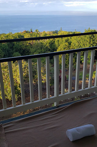 Ocean view meditation on a balcony at Manago Hotel | Big Island Hawaii