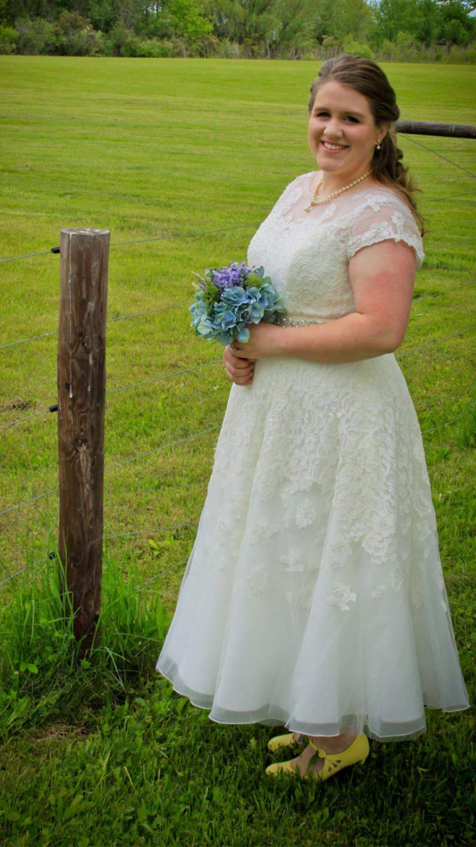 oleg cassini tea length wedding dress with lace