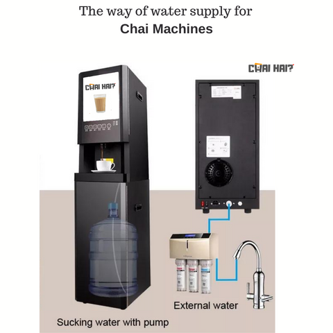 how to install an instant chai machine with text as "the way of water supply for chai machine" by Chai Hai. image include a chai machine with base cabinet and an option for direct supply for chai machine