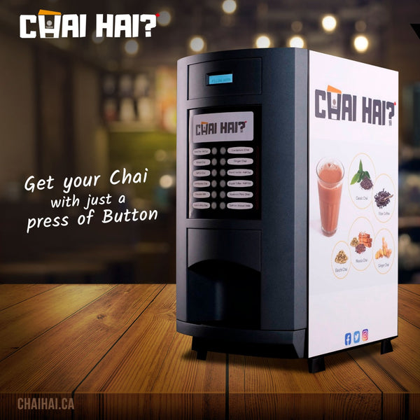 tea machine photo with text get your chai in a press of a button
