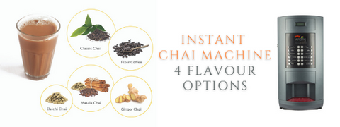 image of instant chai machine with chai cup and may be chai flavours. Some text as instant chai machine with 4 flavour options