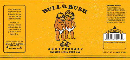 Image of the beer label for 44th Anniversary Belgian Style Dark Ale, by Bull & Bush Brewery of Glendale, CO