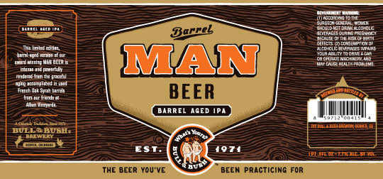 Image of the beer label for Barrel ManBeer, by Bull & Bush Brewery of Glendale, CO