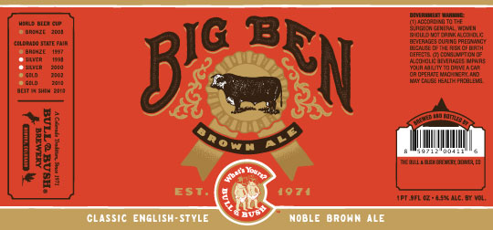Image of beer label for Big Ben Brown Ale, by Bull & Bush Brewery of Glendale, CO
