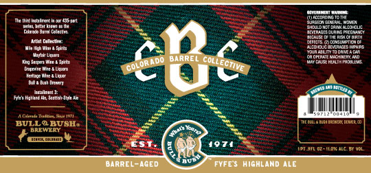 Image of the beer label for Colorado Barrel Collective Edition Three - Barrel-Aged Fyfe's Highland Ale, by Bull & Bush Brewery of Glendale, CO