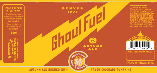 Image of beer label for Ghoul Fuel Harvest Ale, by Bull & Bush Brewery of Glendale, CO