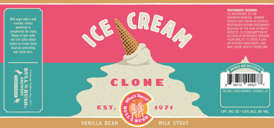 Image of the beer label for Ice Cream Clone Vanilla Bean Milk Stout, by Bull & Bush Brewery of Glendale, CO