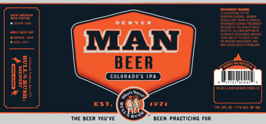 Image of beer label for MANBEER, by Bull & Bush Brewery of Glendale, CO
