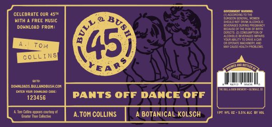 Image of the beer label for 45th Anniversary Pants Off Dance Off, by Bull & Bush Brewery of Glendale, CO